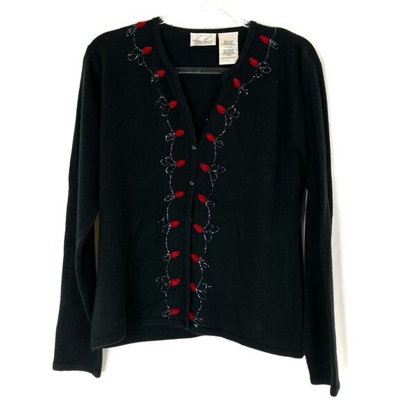 Kathie Lee | Vintage Black Rose Beaded Acrylic Button Cardigan Sweater L - Picture 1 of 4